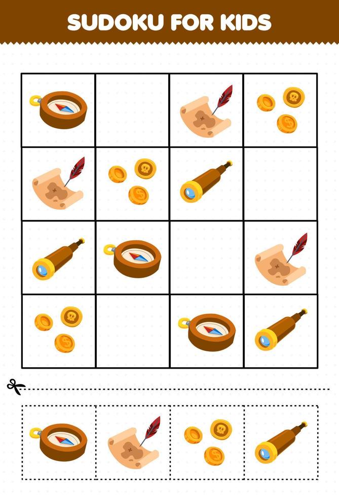 éducation Jeu pour les enfants sudoku pour des gamins avec mignonne dessin animé boussole Trésor carte pièce de monnaie spyglass imprimable pirate feuille de travail vecteur