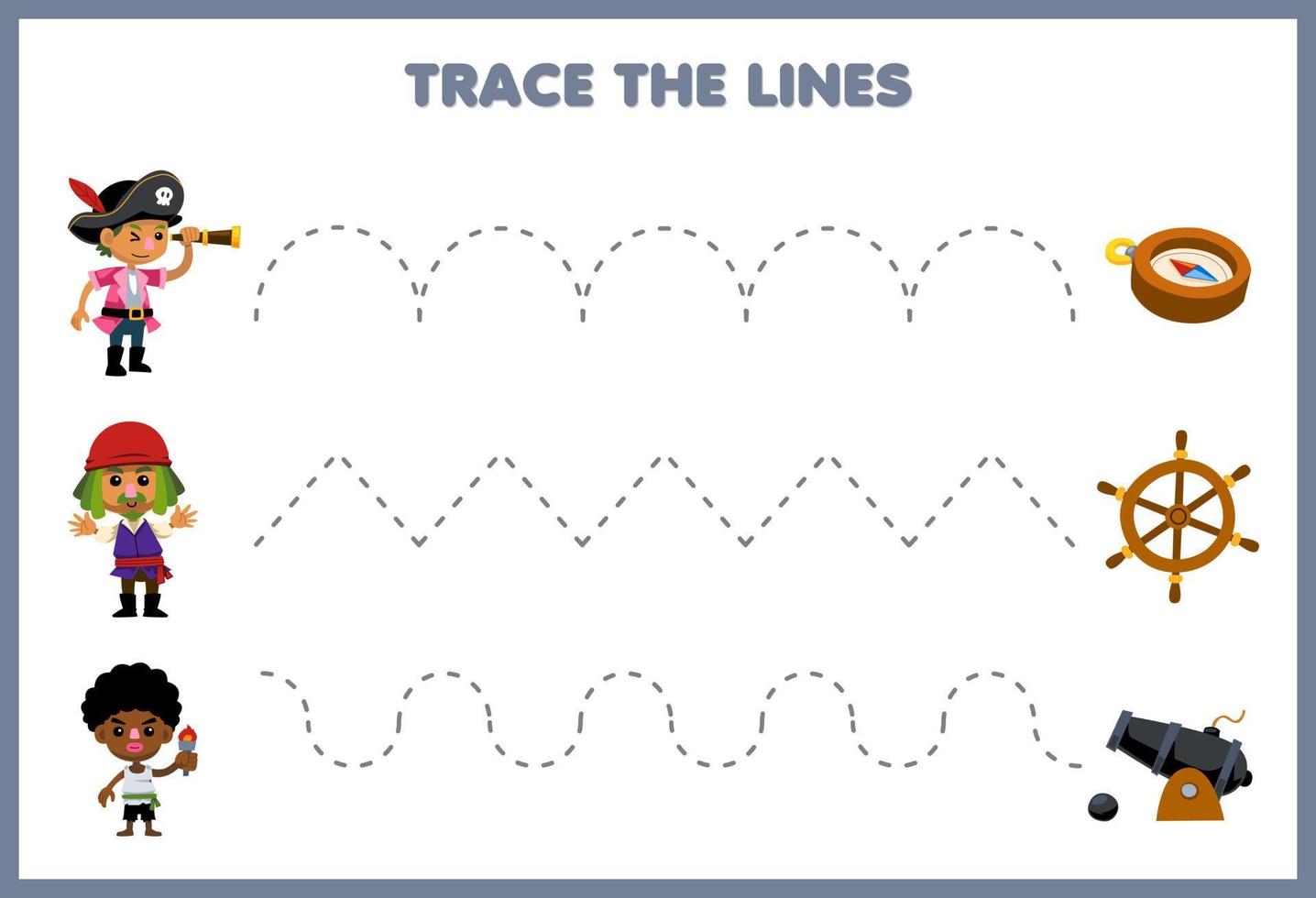 éducation Jeu pour les enfants écriture entraine toi trace le lignes avec mignonne dessin animé pirate équipage bouge toi à boussole roue canon pirate feuille de travail vecteur