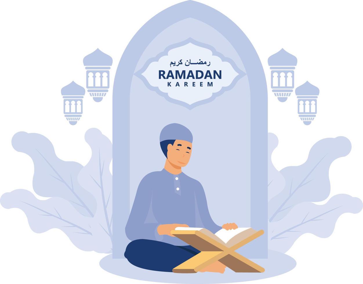 à thème musulman et Ramadan, image de une mosquée et pendaison lanterne pour salutation cartes, plat vecteur moderne illustration