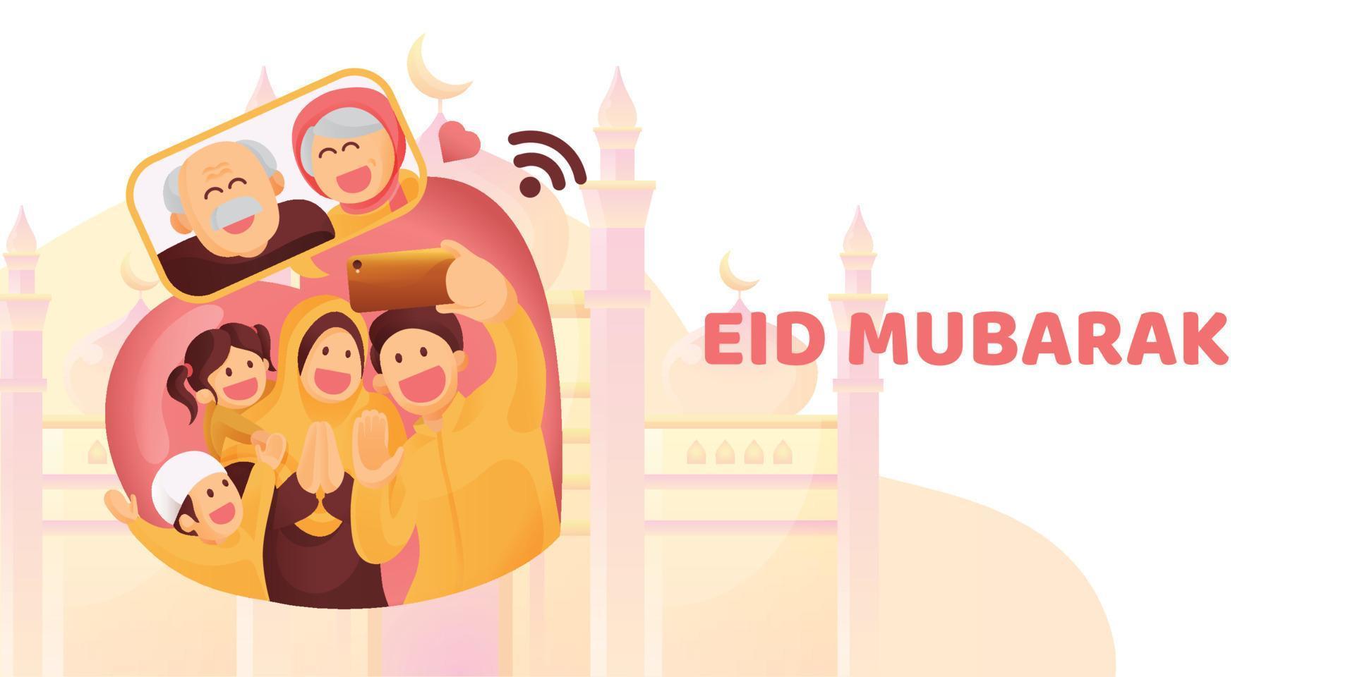 musulman famille contact leur aîné ou Parents dans téléphone intelligent vidéo appel à spectacle leur l'amour dans eid mubarak fête vecteur