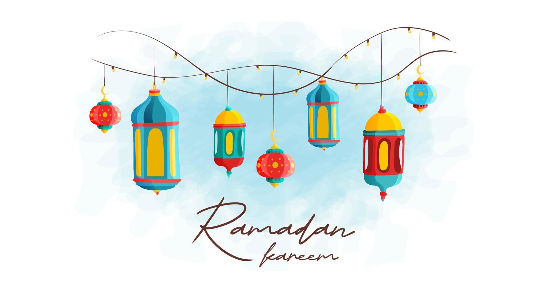 Ramadan kareem islamique saint mois salutation lanterne main tiré coloré illustration vecteur