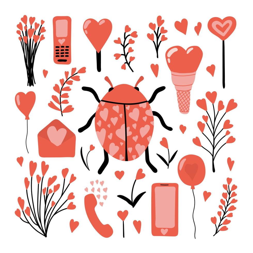 gros l'amour éléments vecteur ensemble. main tiré coccinelle, sucettes, des ballons, cœurs, la glace crème, cœur fleurs, mobile Téléphone (s. dessin animé style vacances agrafe art.