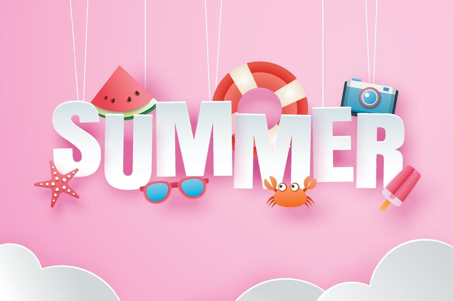 bonjour l'été avec décoration origami accroché sur fond de ciel rose vecteur