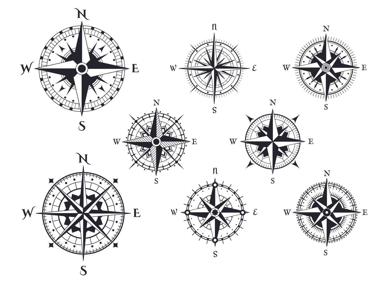 rétro boussole. vent Rose nautique direction Icônes avec cardinal points, ancien carte compas éléments vecteur isolé ensemble