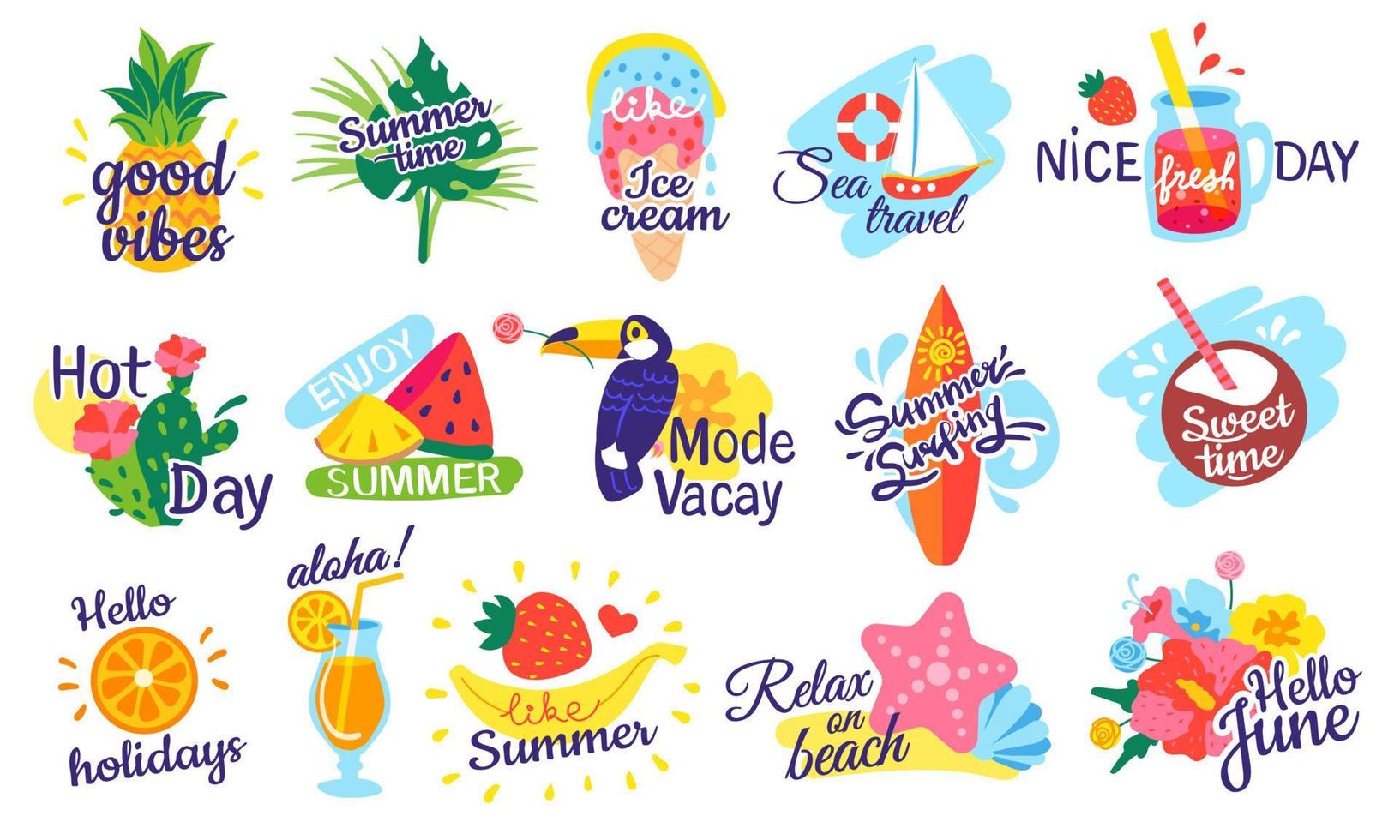 été caractères. vacances, vacances Étiquettes, plage fête badges avec fruit cocktails, tropical feuilles, yacht, coquillage, fleurs, pastèque. heure d'été logo vecteur ensemble