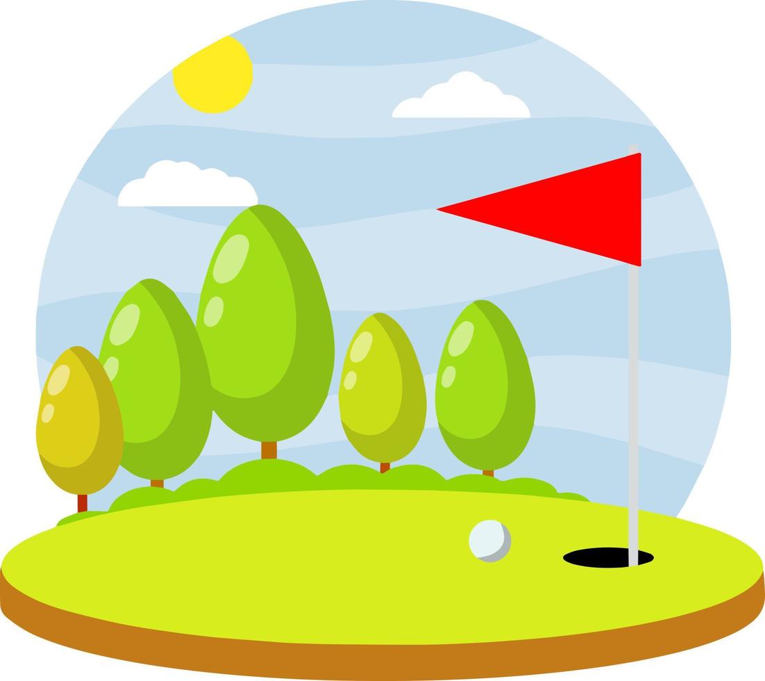 le golf cours. été des sports et passe-temps. rouge drapeau avec trou et balle. dessin animé plat illustration vecteur