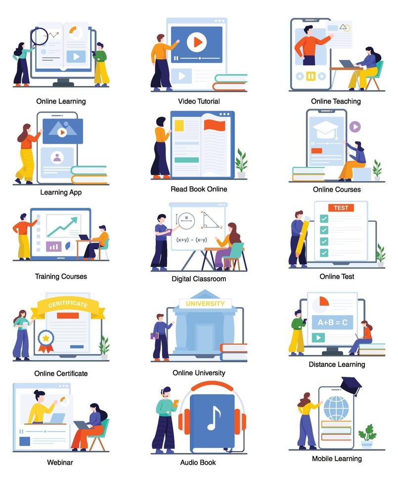 Ensemble de concepts d'apprentissage en ligne et d'éducation virtuelle vecteur