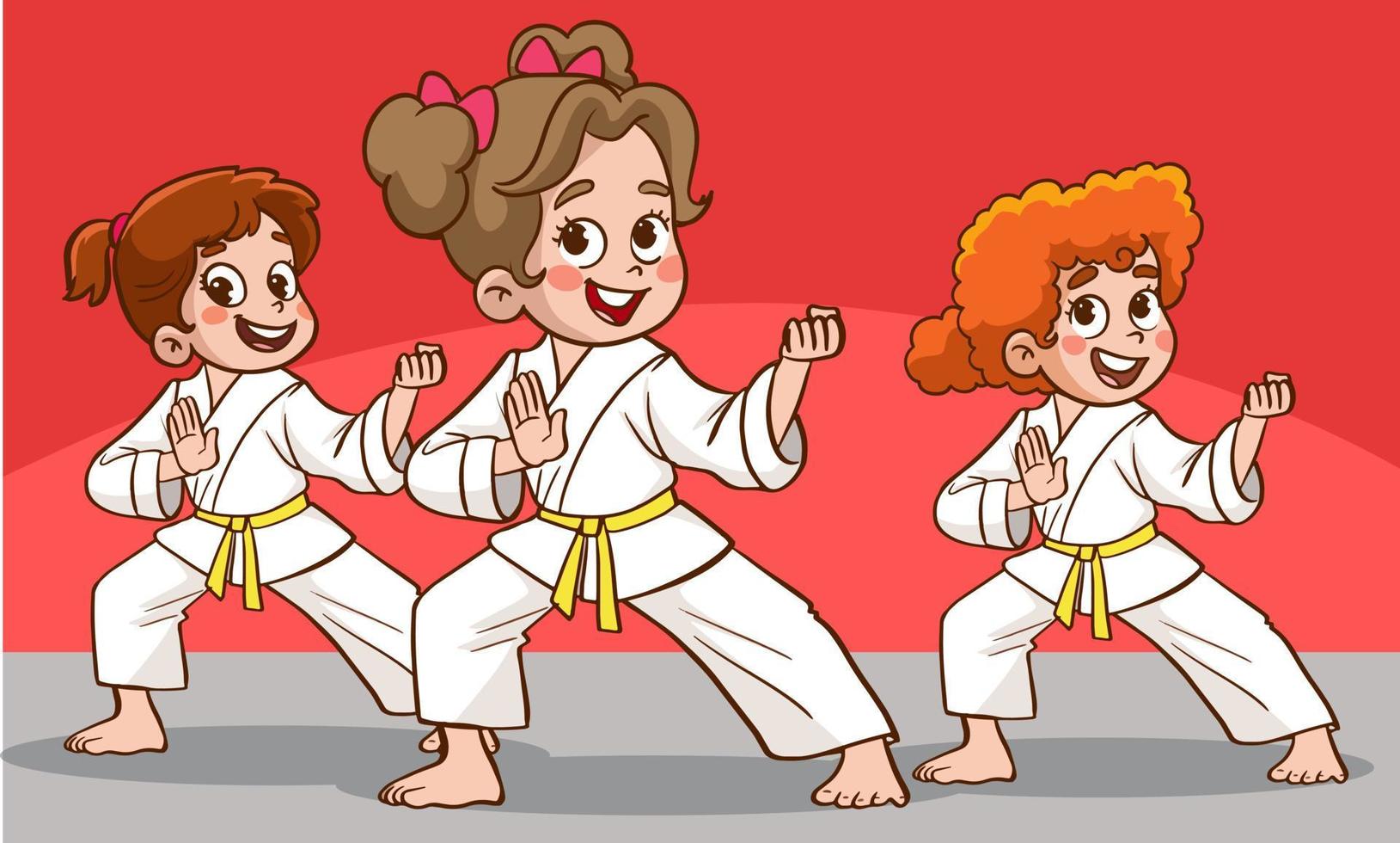 dessin animé enfants s'entraînant aux arts martiaux en uniforme de kimono. illustration de personnage de karaté ou de taekwondo. vecteur