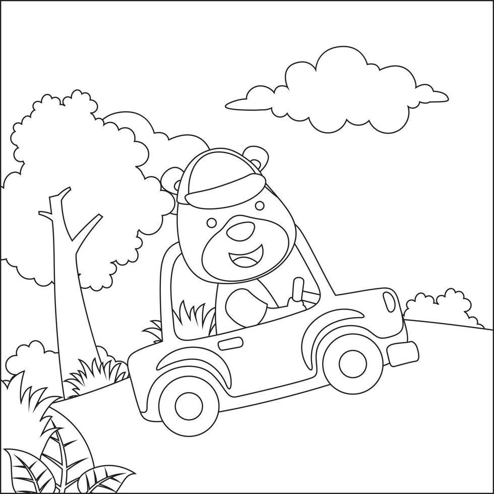 mignonne peu animal conduite une voiture aller à forêt marrant animal dessin animé. puéril conception pour des gamins activité coloration livre ou page. vecteur