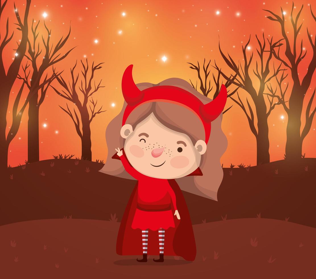 scène de la saison halloween avec une fille dans un costume de diable vecteur