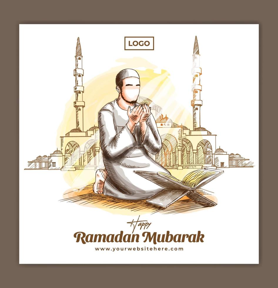 social médias carré bannière modèle pour Ramadan kareem mubarak fête avec musulman homme prier main tiré illustration vecteur