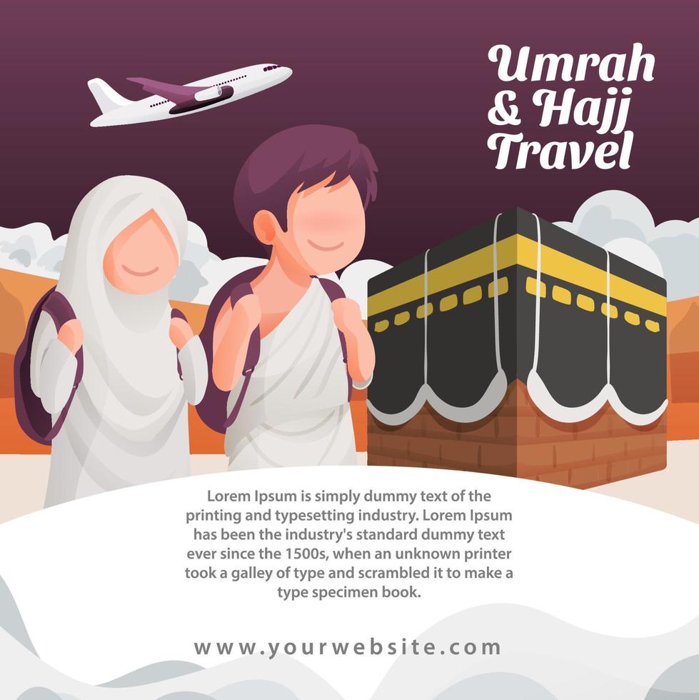 hajj Voyage social médias bannière musulman couple avec sac à dos prêt à Voyage porter ihram vêtements avec kaaba et avion vecteur