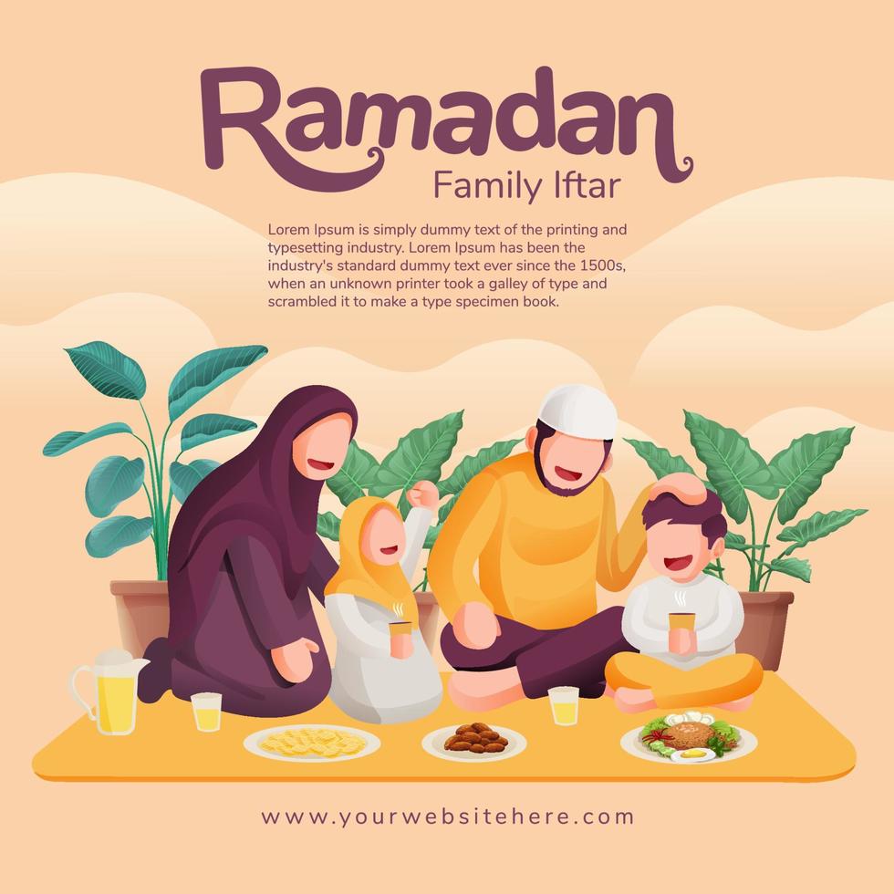 musulman famille ayant iftar les enfants content à Achevée jeûne et apprécié par Parents dans Ramadan saint mois vecteur