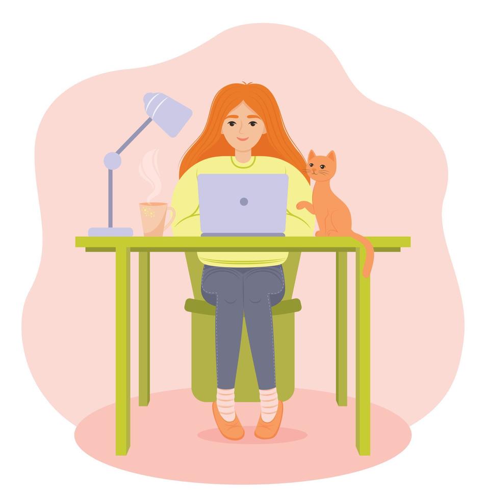 femme travail avec ordinateur, Accueil bureau, étudiant ou pigiste. mignonne concept vecteur illustration dans plat style