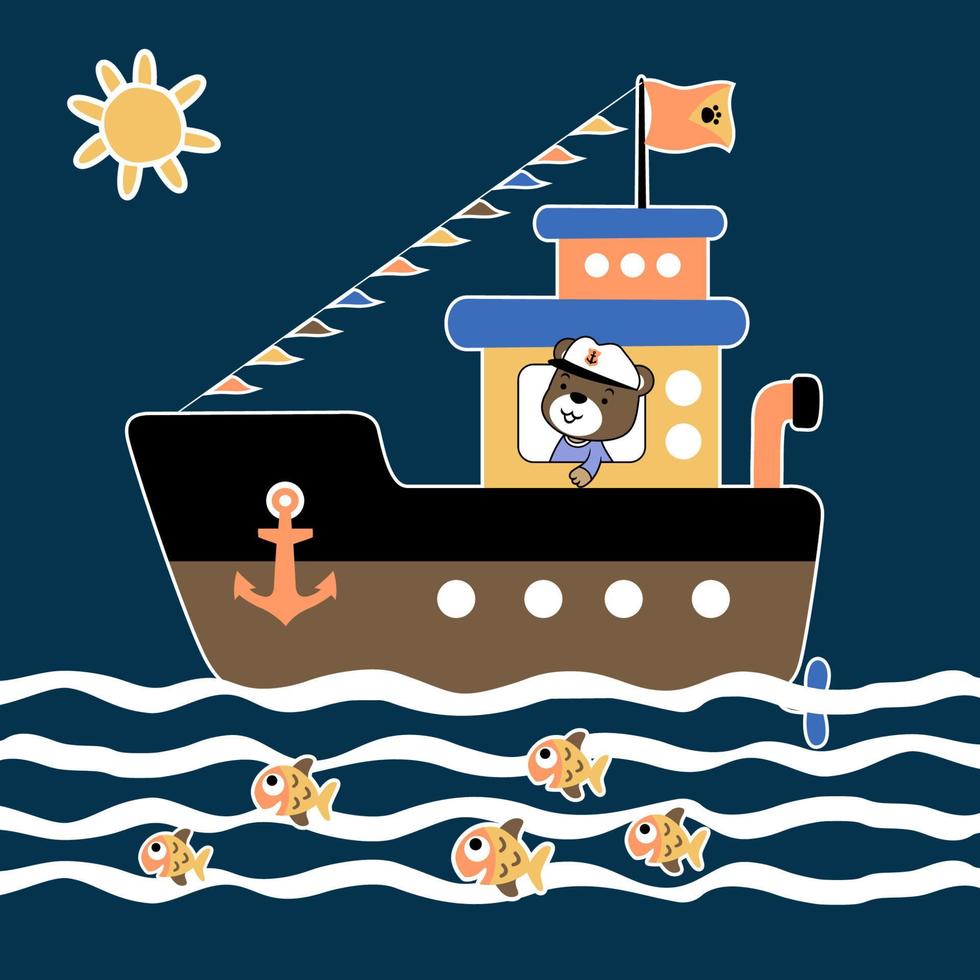 mignonne ours voile sur bateau avec des poissons, vecteur dessin animé illustration