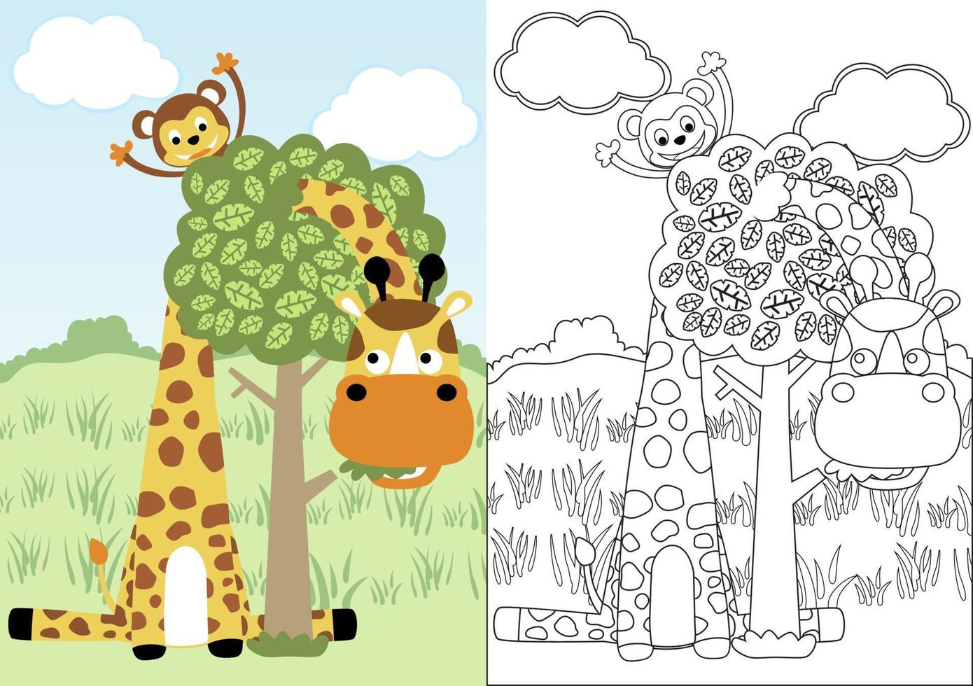 marrant girafe et singe en jouant jeter un œil une huer, vecteur dessin animé, coloration page ou livre