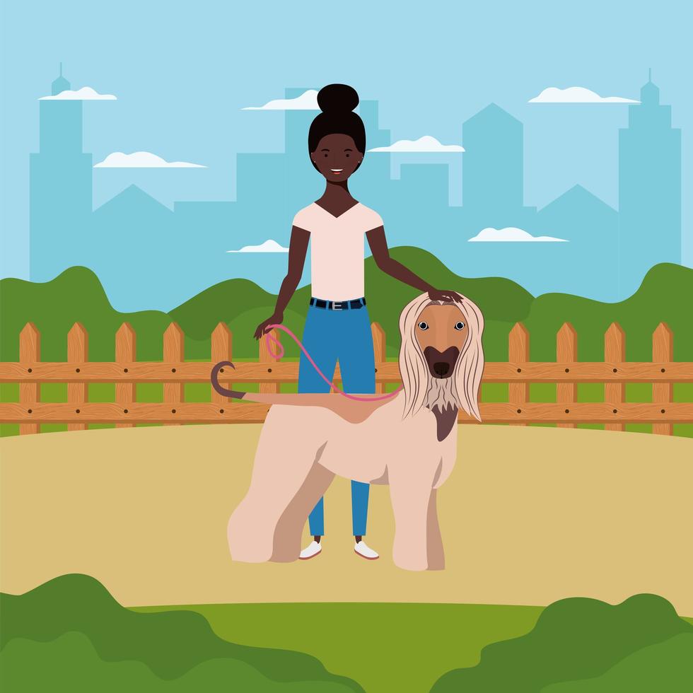 jeune femme afro avec chien mignon sur le terrain vecteur