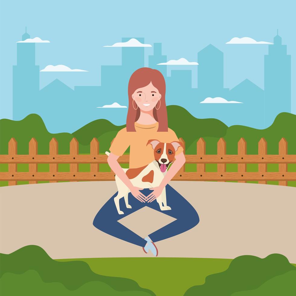 jeune femme avec un chien mignon sur le terrain vecteur