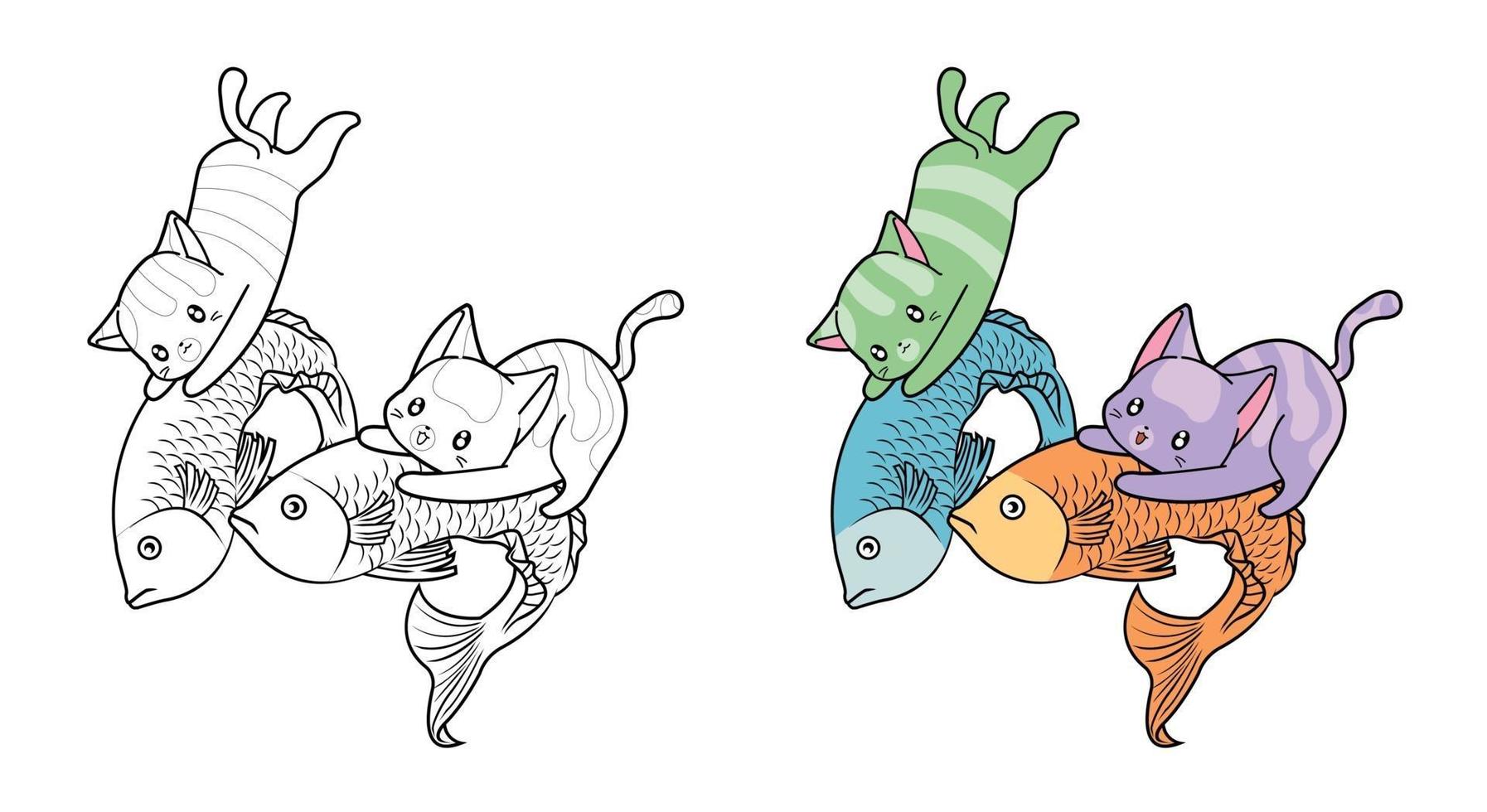 Les chats mignons attrapent des poissons, coloriage de dessin animé pour les enfants vecteur