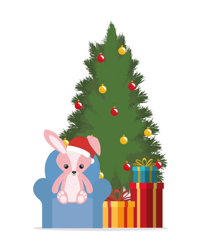 joyeux noël avec pin et lapin vecteur