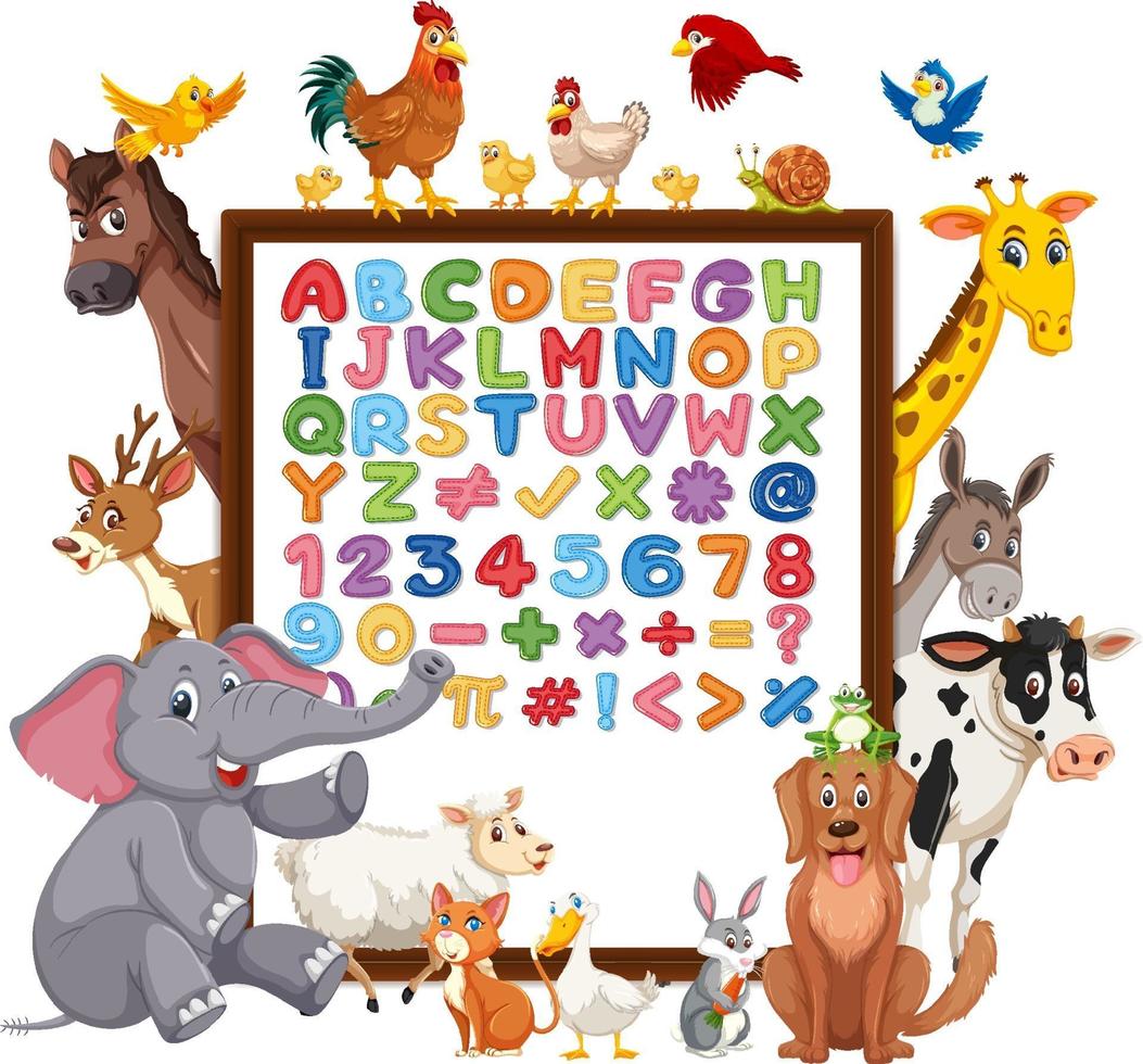 alphabet az et symboles mathématiques sur une planche avec des animaux sauvages vecteur