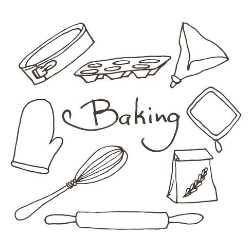 Ensemble d'outils de cuisson dessinés à la main. Croquis d'éléments de vecteur de boulangerie.
