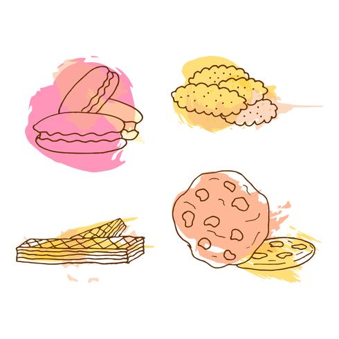 Illustration de vecteur de cookie. Ensemble de biscuits dessinés à la main avec des éclaboussures colorées.