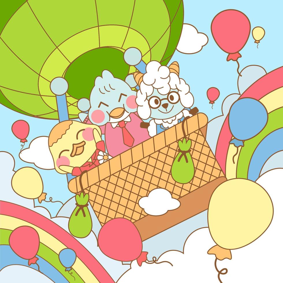 mignonne animal dessin animé personnages balade une chaud air ballon vecteur