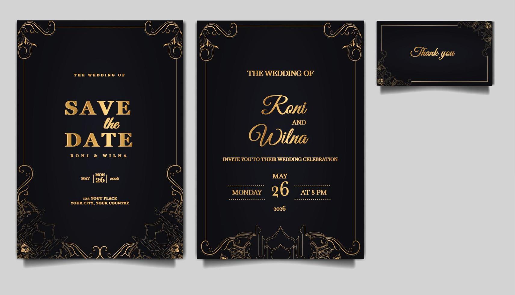 ensemble de cartes d'invitation de mariage de luxe vecteur