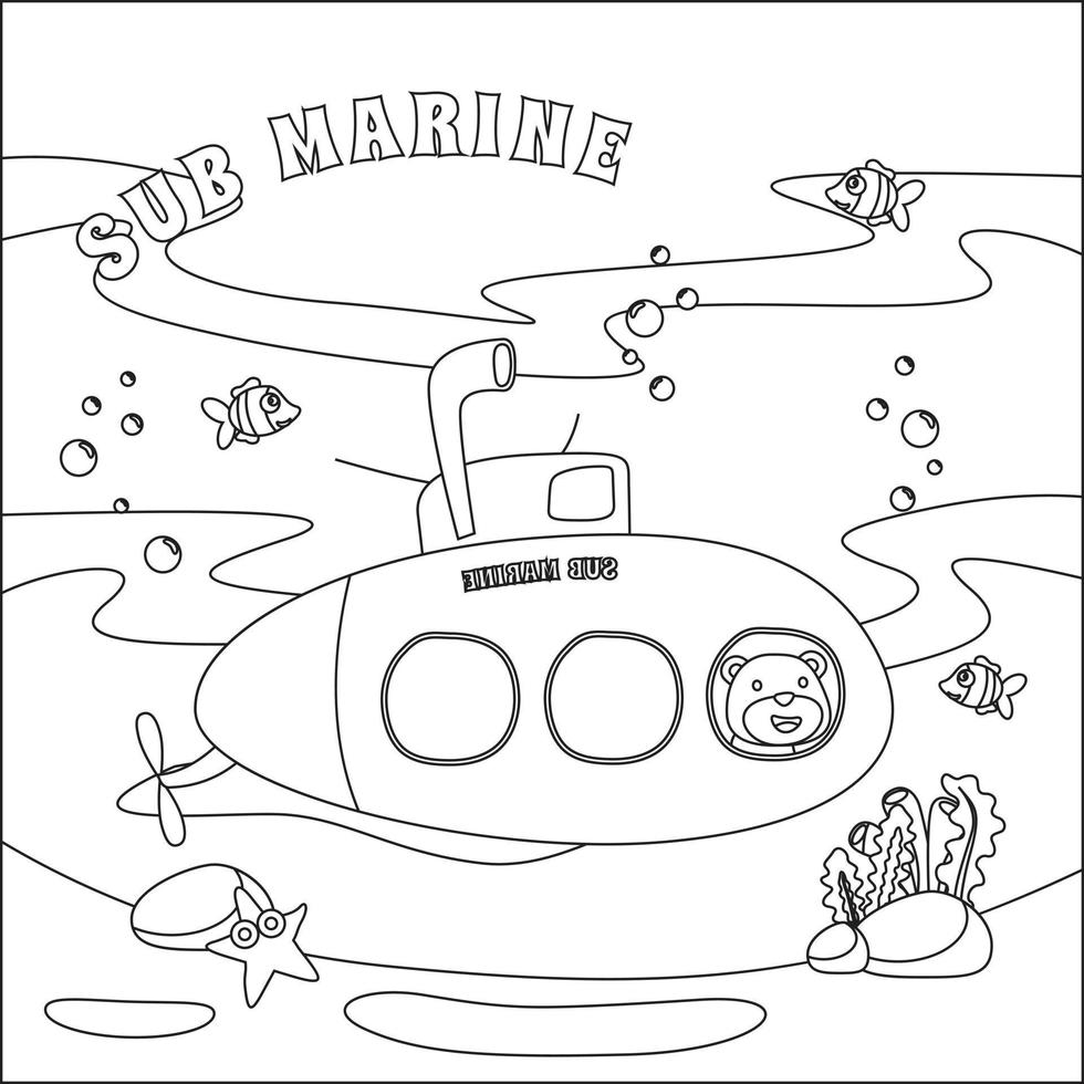 sous-marin avec mignonne marin en dessous de mer, avec dessin animé style puéril conception pour des gamins activité coloration livre ou page. vecteur