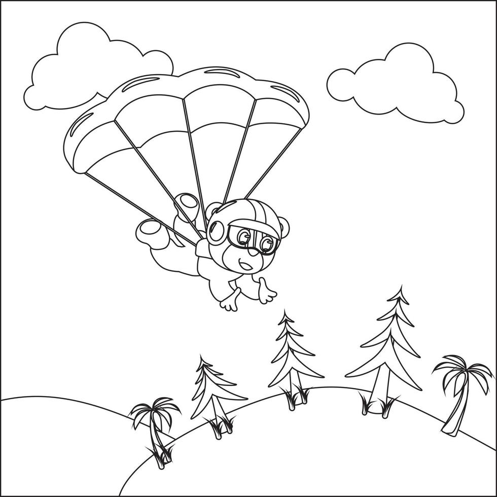 vecteur dessin animé illustration de parachutisme avec peu animal, avion et des nuages, avec dessin animé style puéril conception pour des gamins activité coloration livre ou page.