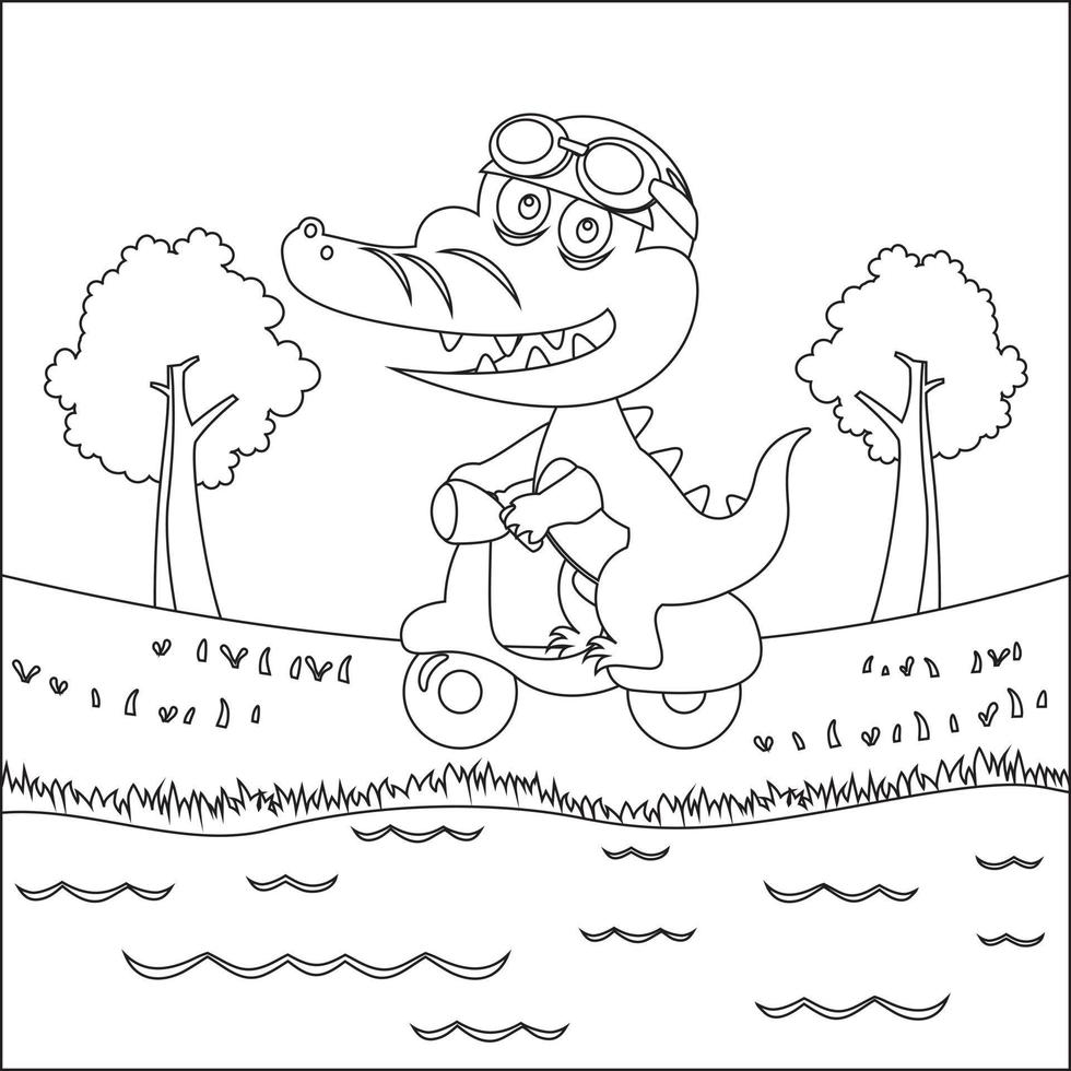 mignonne peu crocodile équitation scooter, marrant animal dessin animé, vecteur illustration. puéril conception pour des gamins activité coloration livre ou page.