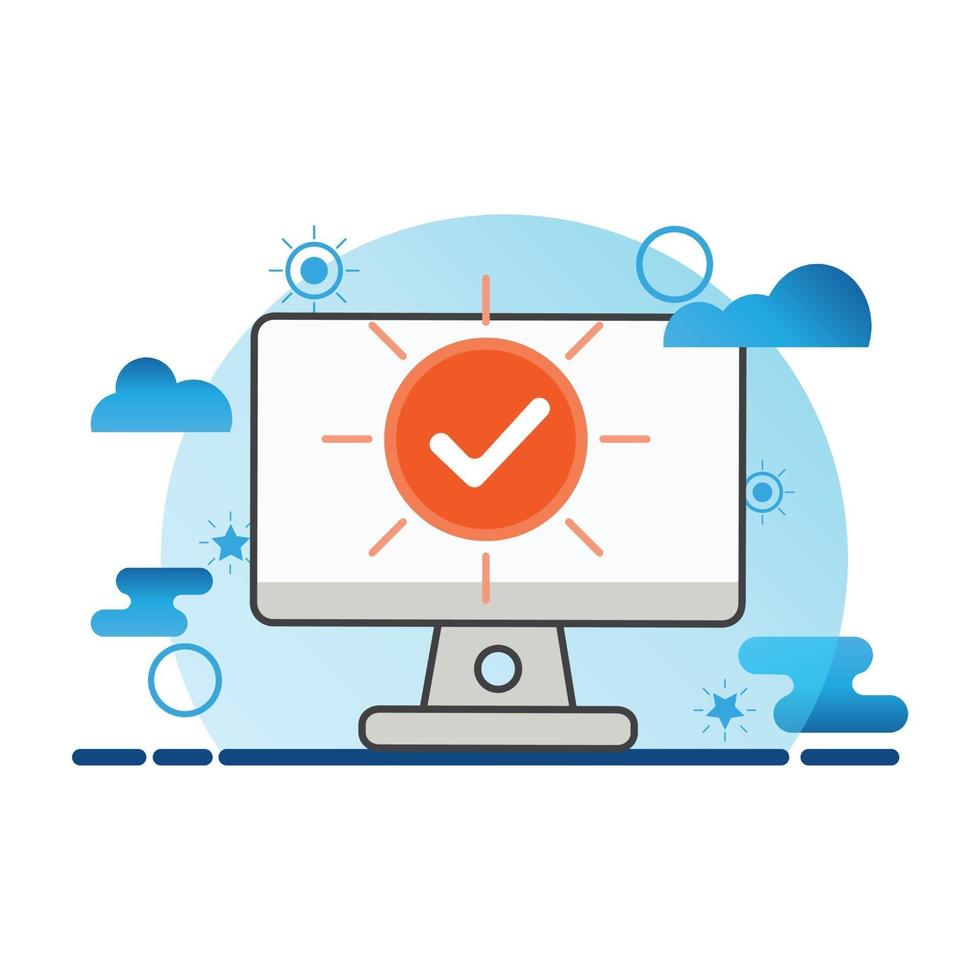 ordinateur avec icône de coche. travail fait illustration. icône de vecteur plat. peut utiliser pour, élément de conception d'icône, interface utilisateur, web, application mobile.