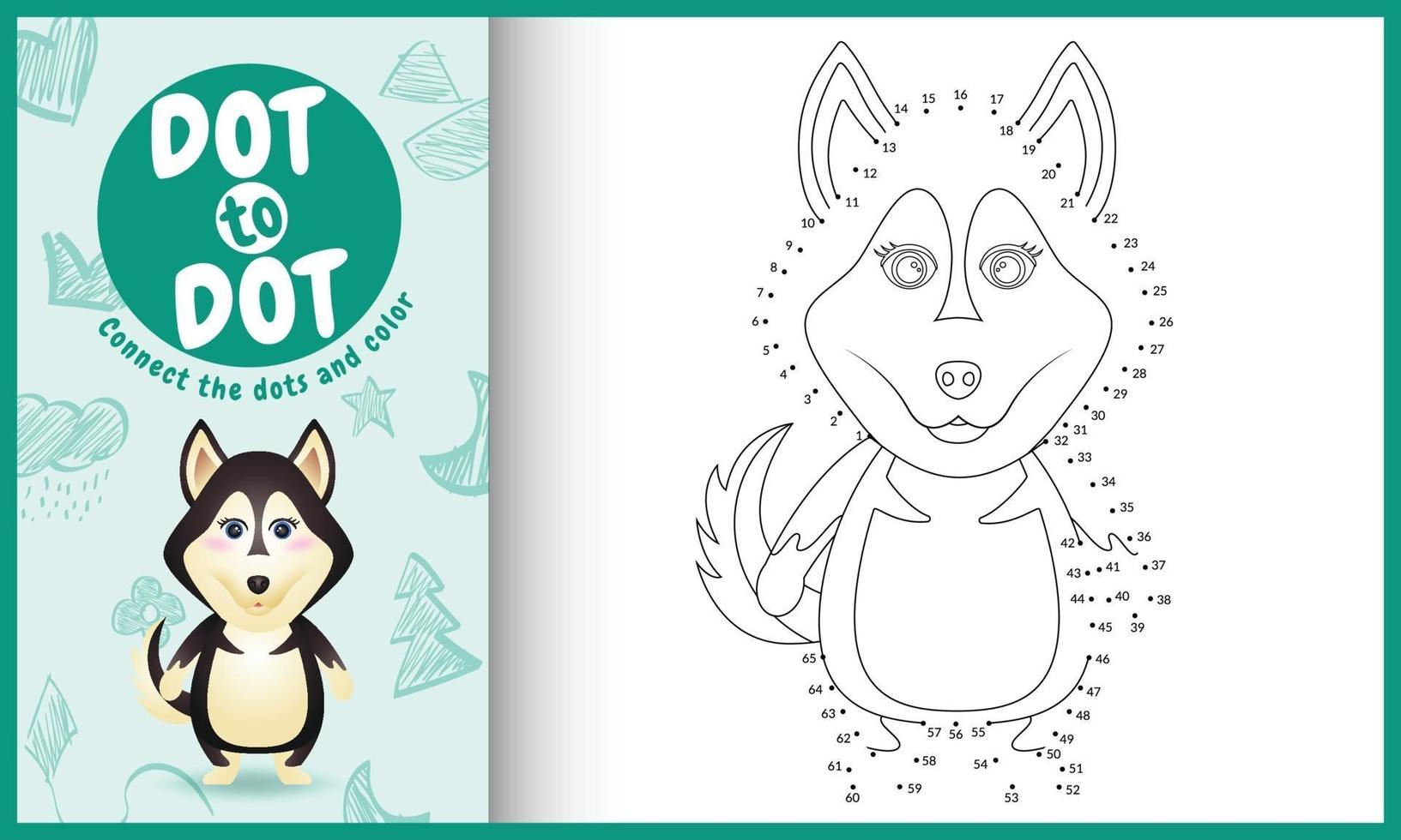 connectez le jeu et la page de coloriage pour enfants points avec une illustration de personnage de chien husky mignon vecteur