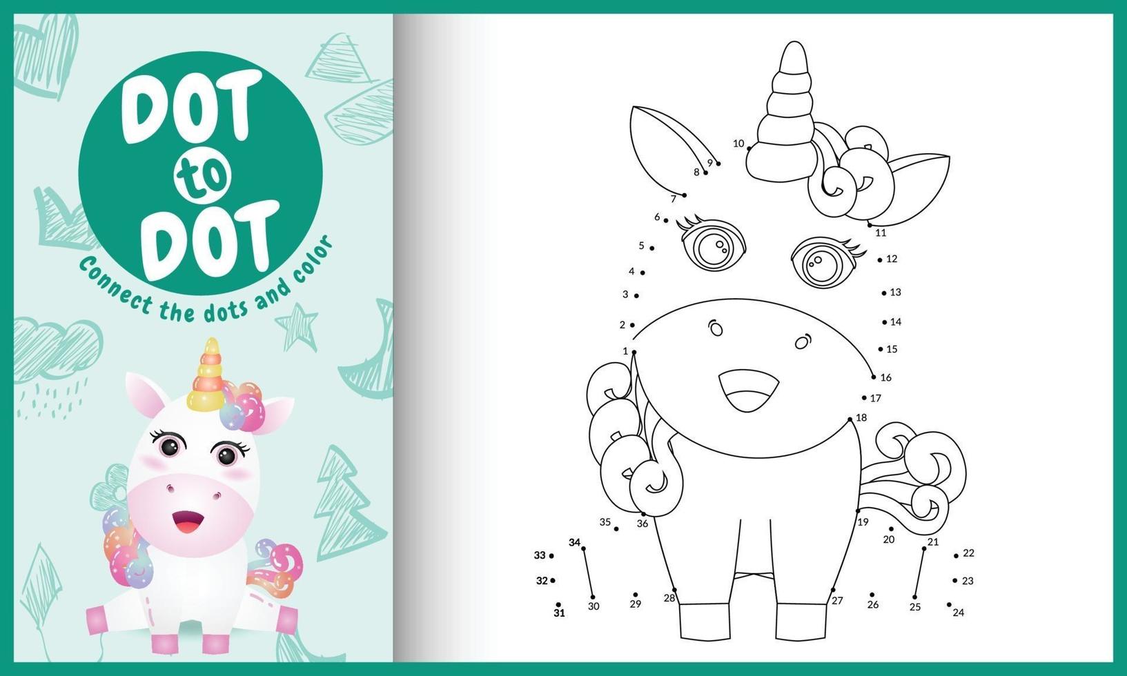 connectez le jeu et la page de coloriage pour enfants points avec une jolie illustration de personnage de licorne vecteur