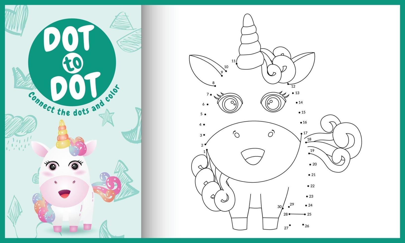 connectez le jeu et la page de coloriage pour enfants points avec une jolie illustration de personnage de licorne vecteur