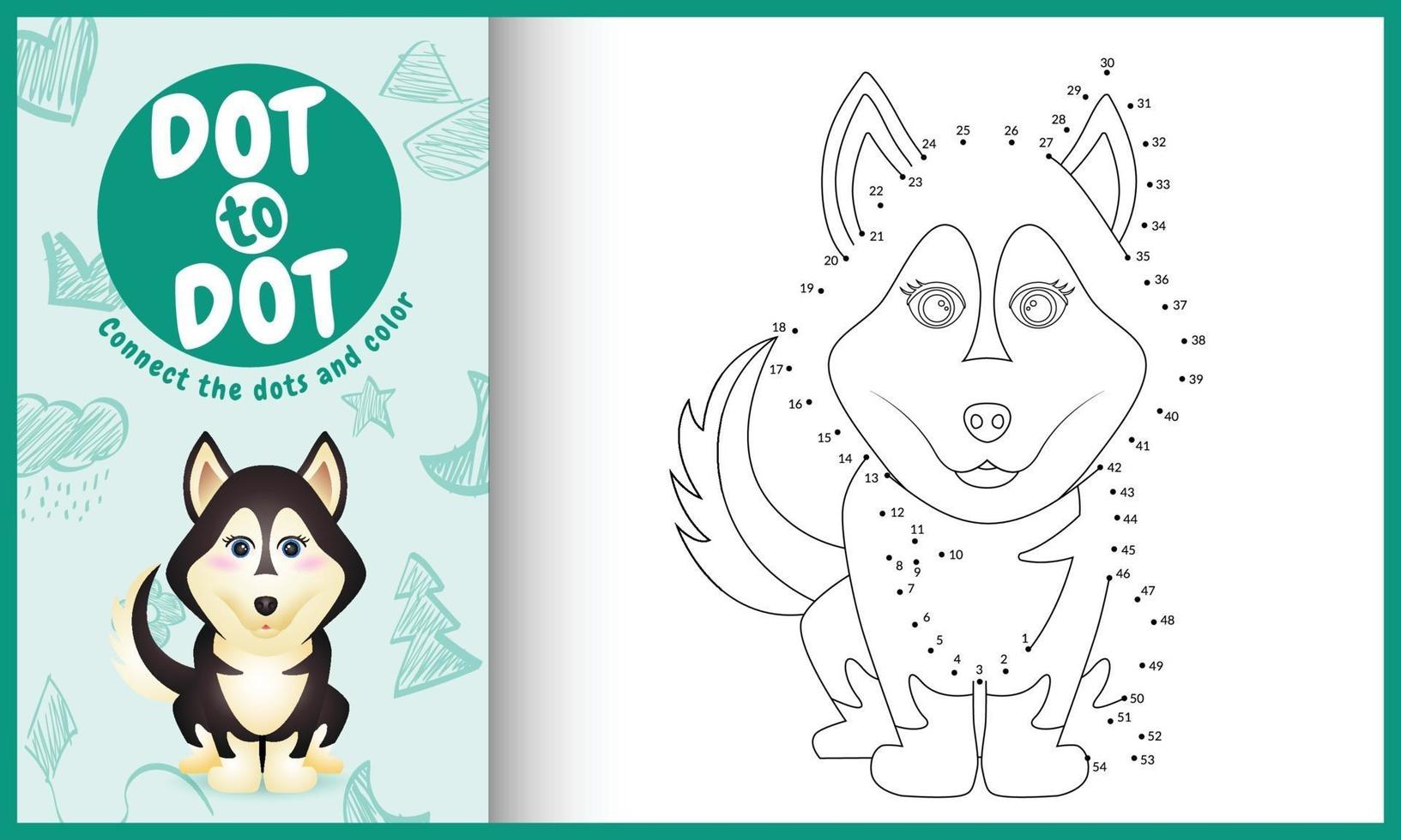 connectez le jeu et la page de coloriage pour enfants points avec une illustration de personnage de chien husky mignon vecteur