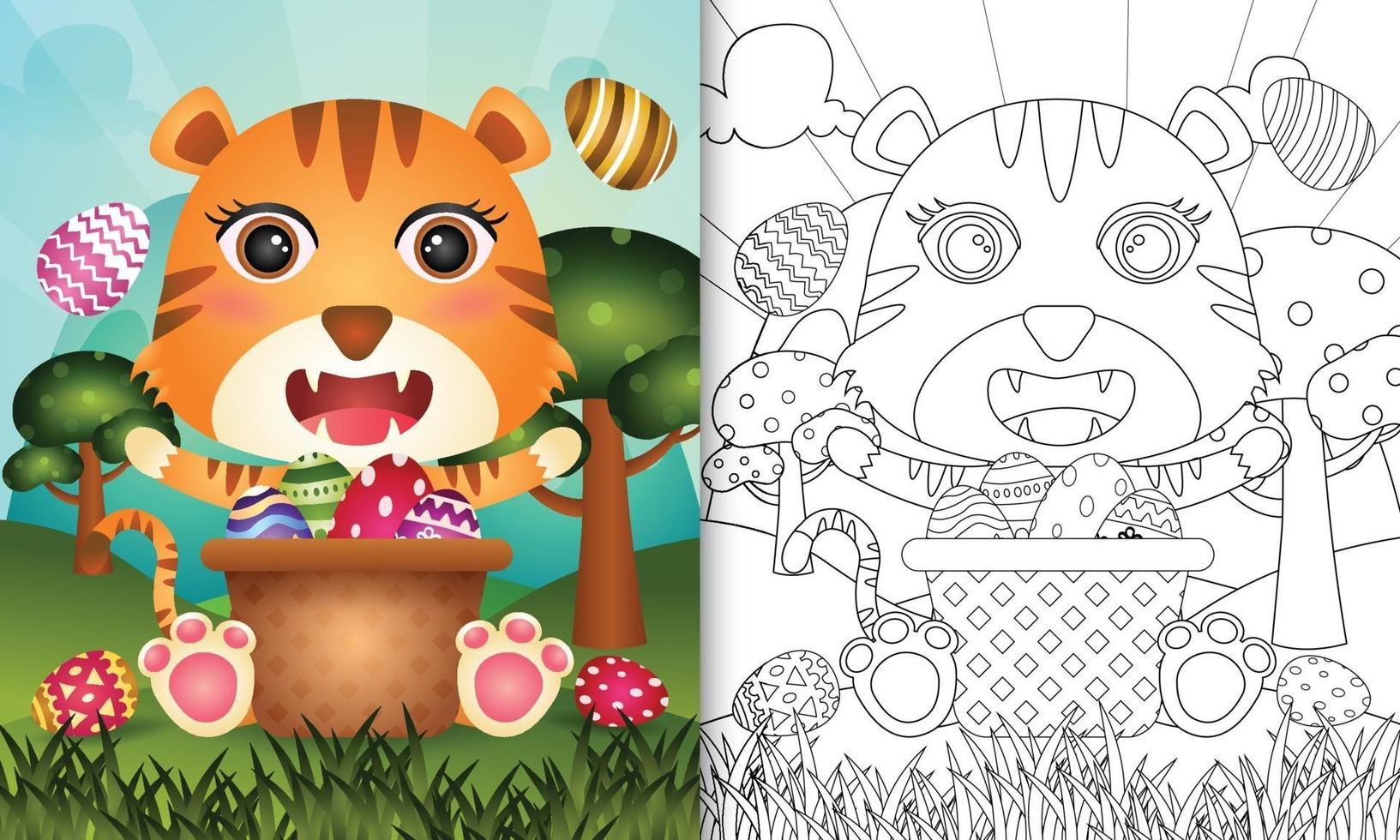 Livre de coloriage pour les enfants sur le thème de joyeuses pâques avec illustration de personnage d'un tigre mignon dans l'oeuf de seau vecteur