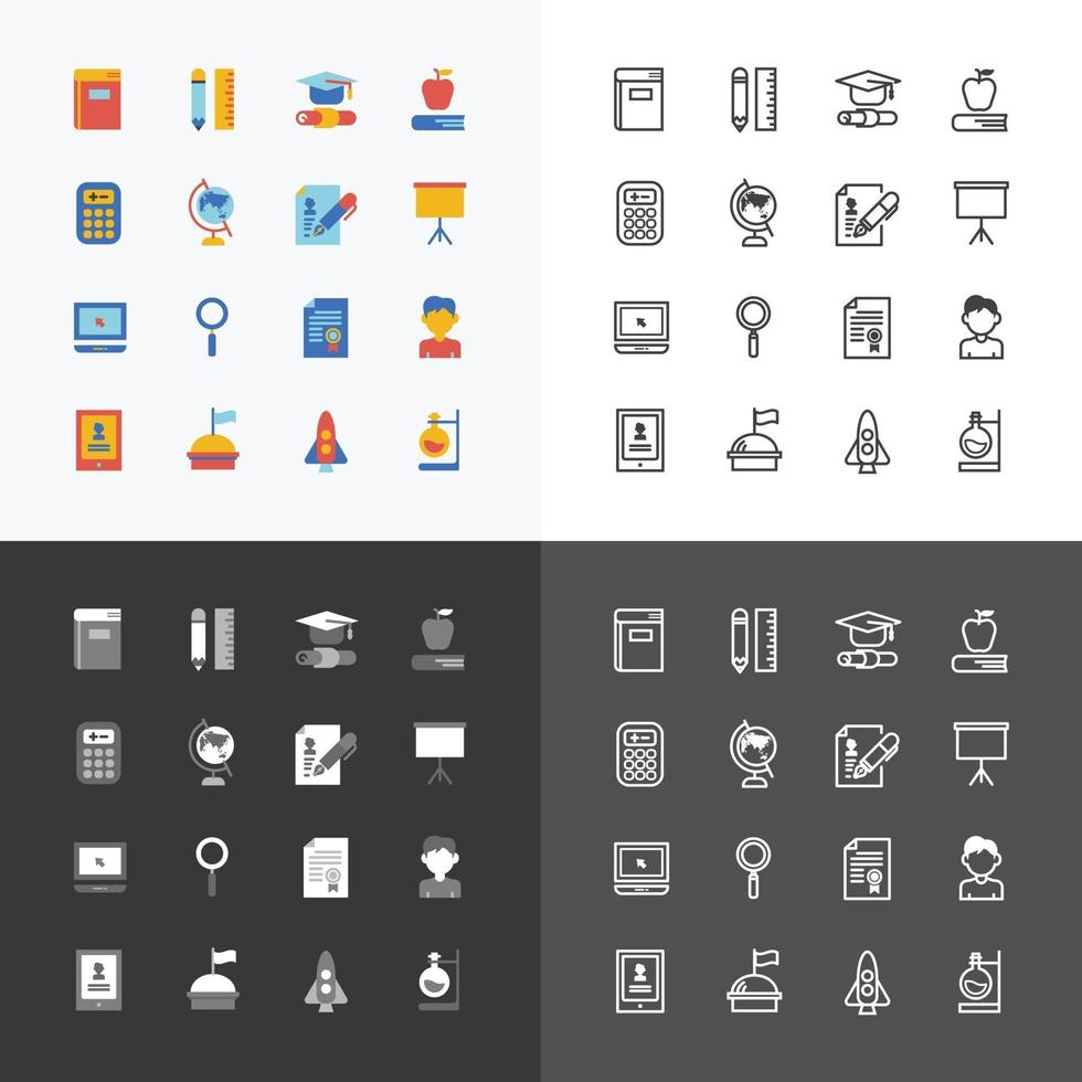vecteur plat icônes ensemble du concept de contour des outils de l'école de l'éducation.