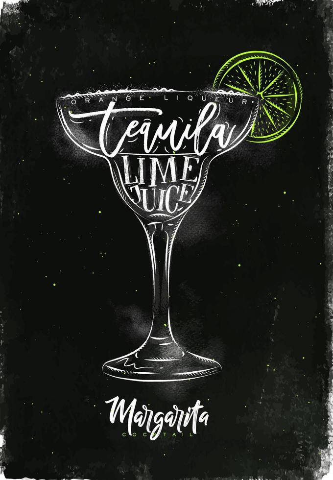 Margarita cocktail lettrage liqueur d'orange, tequila, jus de citron vert dans un style graphique vintage dessin à la craie et couleur sur fond de tableau vecteur