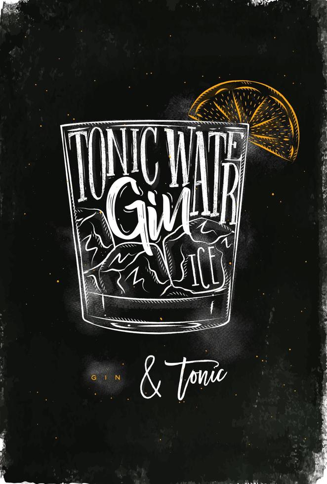 Gin tonic cocktail lettrage eau tonique, gin, glace dans un style graphique vintage dessin à la craie et couleur sur fond de tableau vecteur