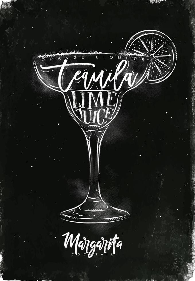 Margarita cocktail caractères Orange liqueur, Tequila, citron vert jus dans ancien graphique style dessin avec craie sur tableau noir Contexte vecteur