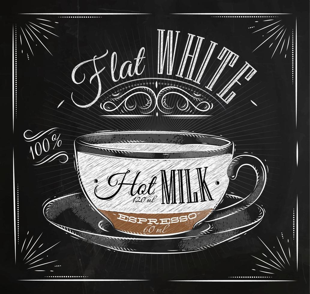 affiche café plat blanc dans ancien style dessin avec craie sur le tableau noir vecteur
