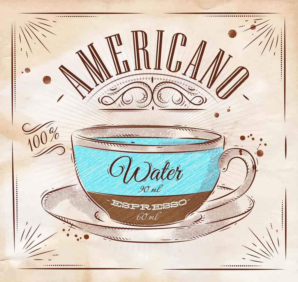 affiche café americano dans ancien style dessin avec craie sur le tableau noir vecteur