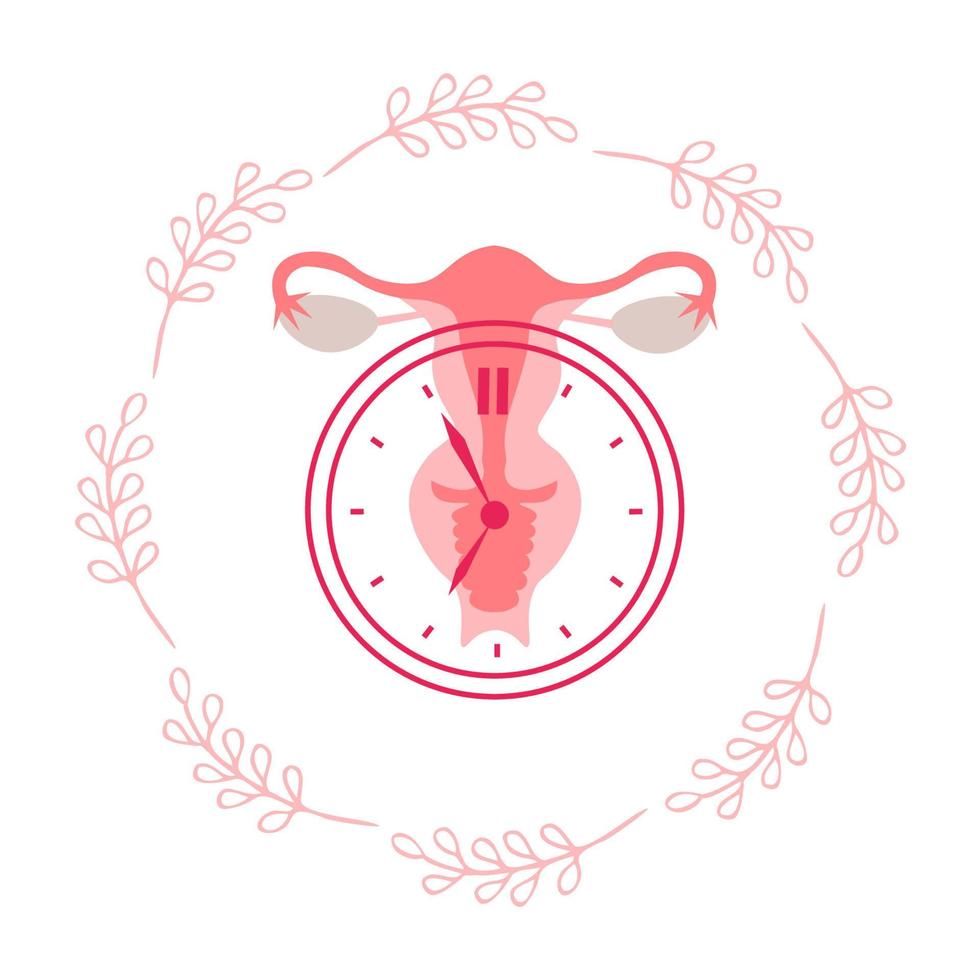 ménopause, aux femmes santé se soucier. monde ménopause journée. le concept de médecine, gynécologie. femelle reproducteur système avec une horloge. vecteur illustration.