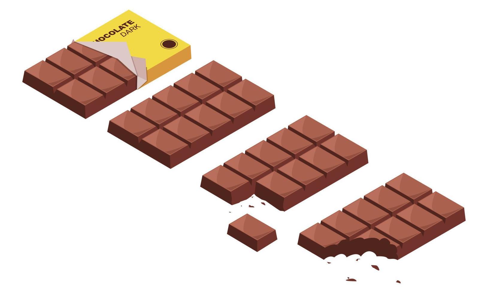 Chocolat bar vecteur ensemble. ensemble de différent déballé carré foncé Chocolat ou Lait Chocolat bars et tranches isométrique style vecteur conception. blanc Chocolat 3d vecteur dessin animé