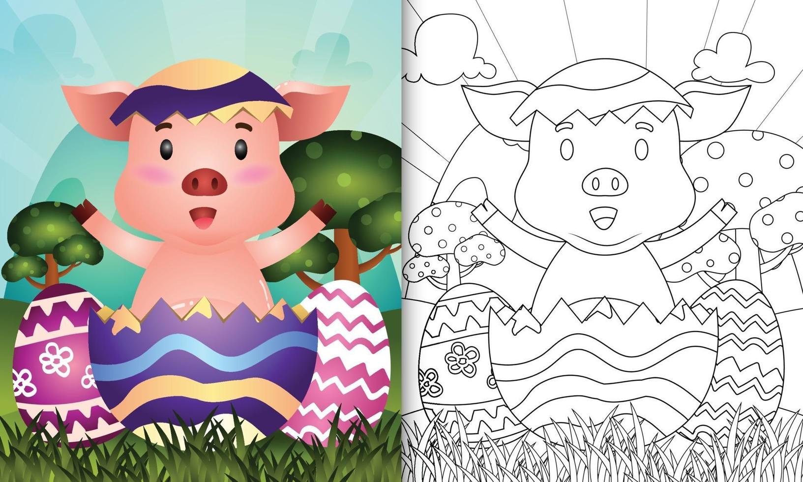 Livre de coloriage pour les enfants sur le thème de joyeuses pâques avec illustration de personnage d'un cochon mignon dans l'oeuf vecteur