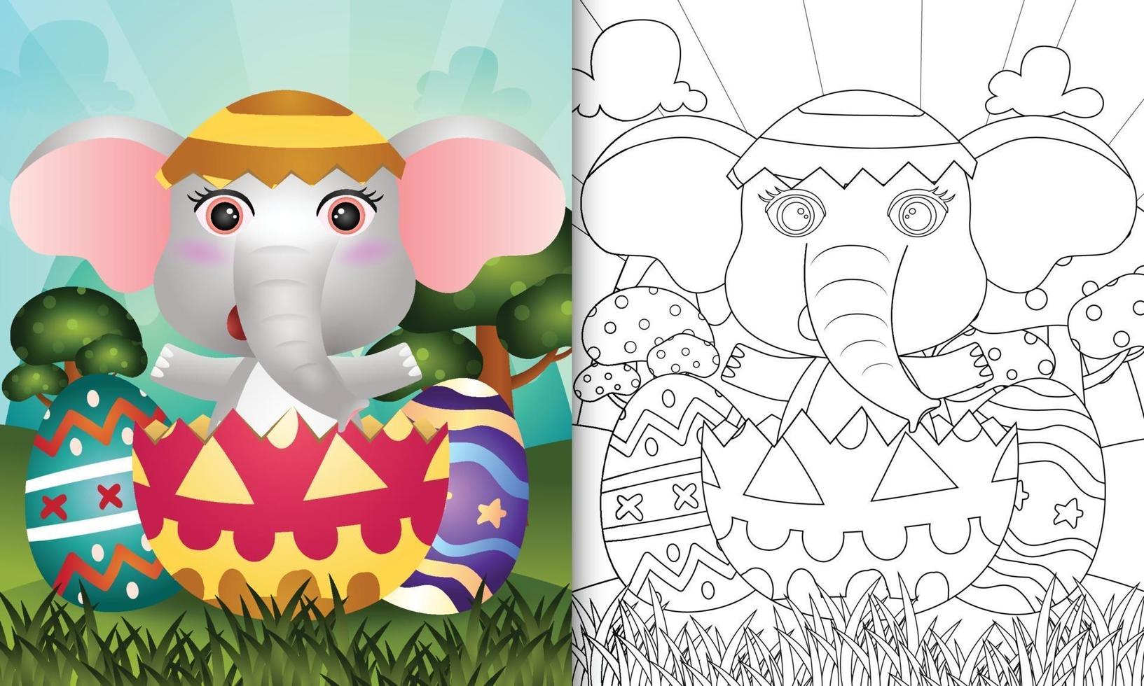 Livre de coloriage pour les enfants sur le thème de joyeuses fêtes de Pâques avec illustration de personnage d'un éléphant mignon dans l'oeuf vecteur