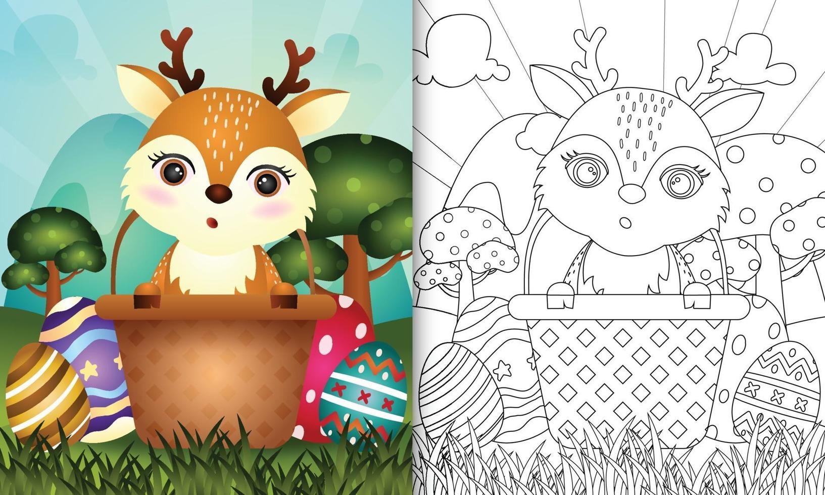 Livre de coloriage pour les enfants sur le thème de joyeuses pâques avec illustration de personnage d'un cerf mignon dans l'oeuf de seau vecteur