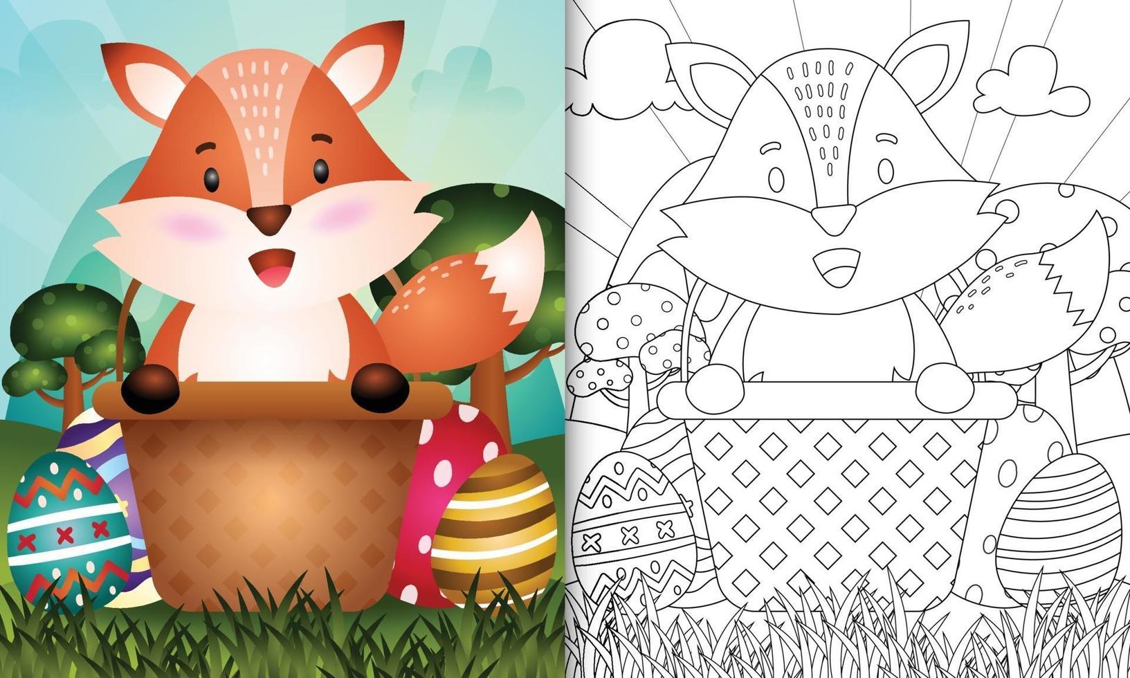 Livre de coloriage pour les enfants sur le thème de joyeuses pâques avec illustration de personnage d'un renard mignon dans l'oeuf de seau vecteur